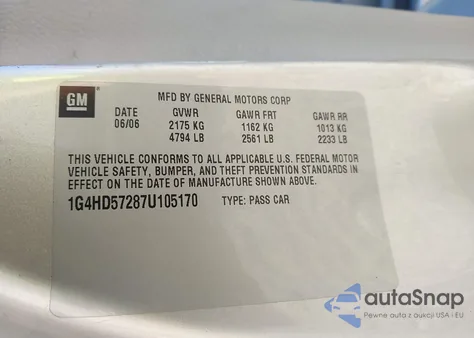 2007 Buick Lucerne Cxl z USA, uszkodzony, nr VIN 1G4HD57287U105170